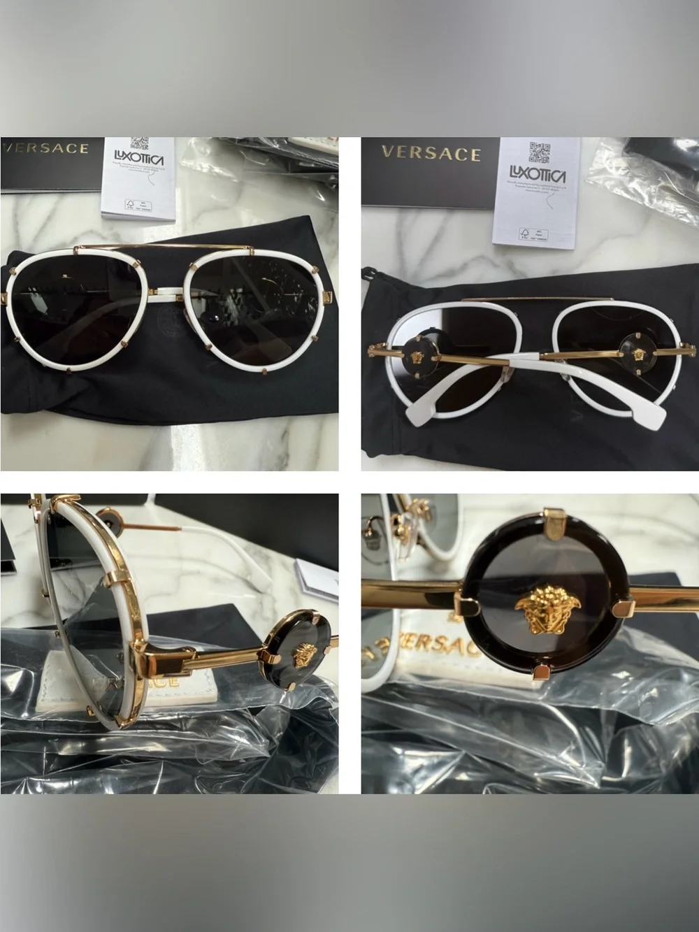 Versace White/Gold Metal Aviator pilot Sunglasses with dramatic logo on temples